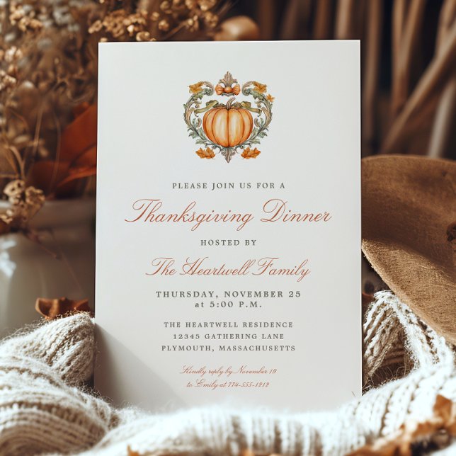 Elegant Pumpakurva Skript Thanksgiving Middag Inbjudningar (Skapare uppladdad)