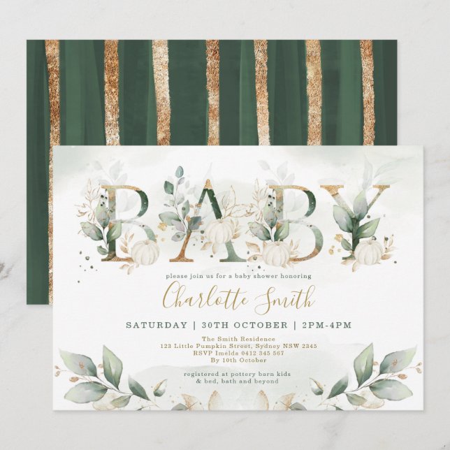 Elegant Pumpkin Baby Shower Leafy Greenery Guld Inbjudningar (Fram/baksida)