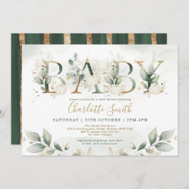 Elegant Pumpkin Baby Shower Leafy Greenery Guld Inbjudningar