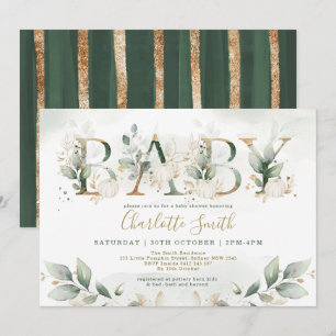 Elegant Pumpkin Baby Shower Leafy Greenery Guld Inbjudningar