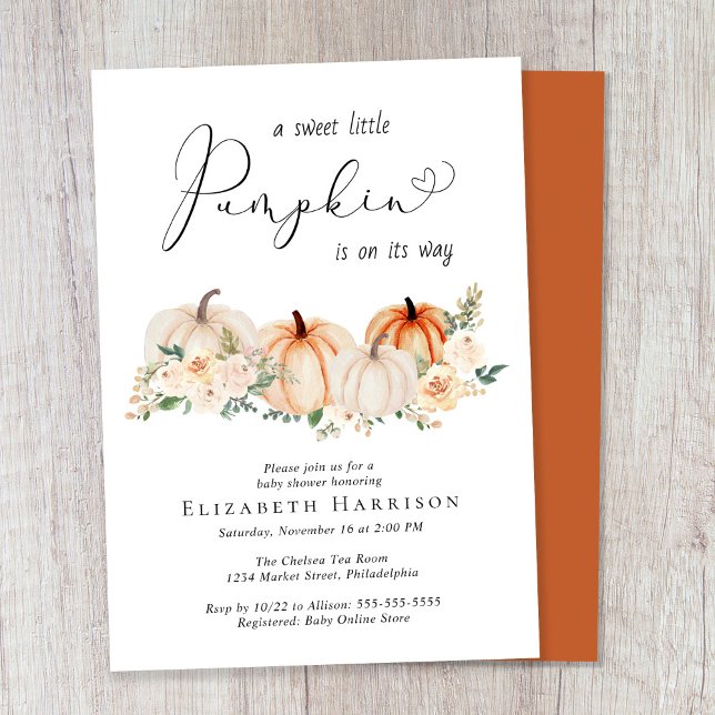 Elegant Pumpkin Blommigt Baby Shower Inbjudningar (Celebrate the upcoming arrival of your sweet little autumn baby with a pumpkin-themed baby shower)