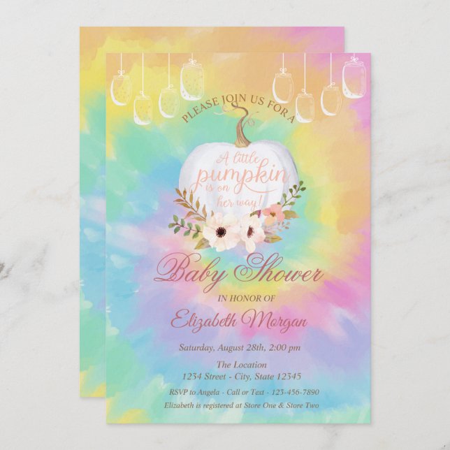 Elegant Pumpkin,Blommigt Tie Dye Baby Shower Inbjudningar (Fram/baksida)