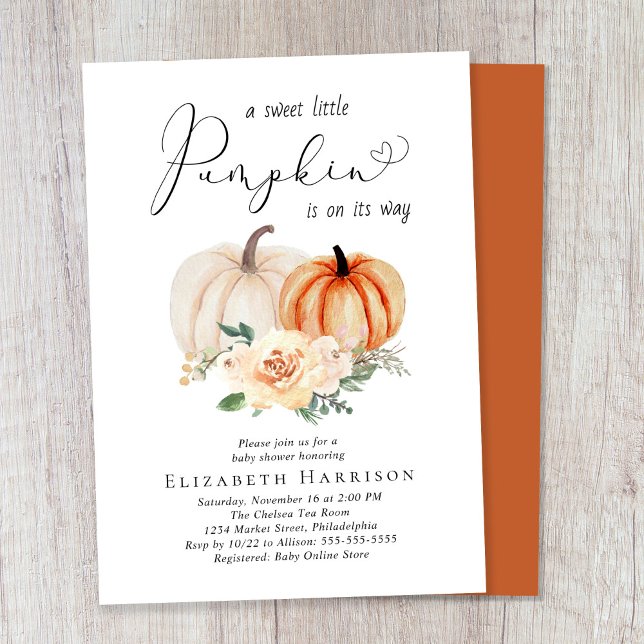 Elegant Pumpkin Blommigt Watercolor Baby Shower Inbjudningar (Celebrate the upcoming arrival of your sweet little autumn baby with a pumpkin-themed baby shower)
