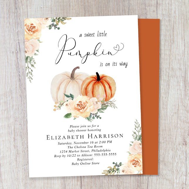 Elegant Pumpkin Blommigt Watercolor Baby Shower Inbjudningar (Celebrate the upcoming arrival of your sweet little autumn baby with a pumpkin-themed baby shower)