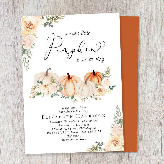Elegant Pumpkin Blommigt Watercolor Baby Shower Inbjudningar (Celebrate the upcoming arrival of your sweet little autumn baby with a pumpkin-themed baby shower)