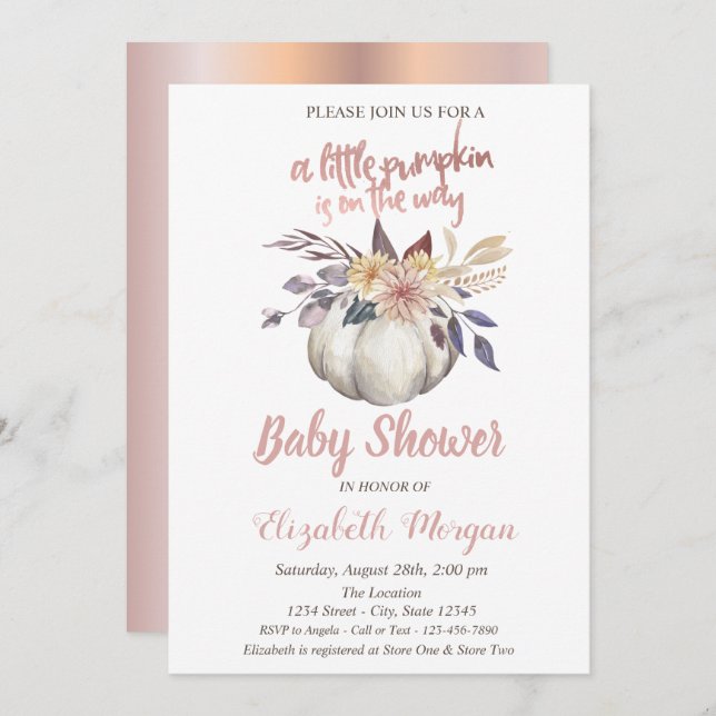 Elegant Pumpkin,Blommor Ro Guld Baby Shower Inbjudningar (Fram/baksida)