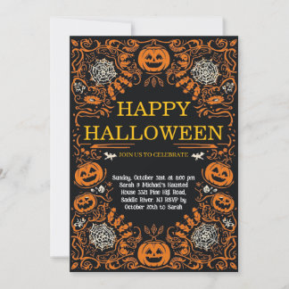 Elegant Pumpkin & Cobweb Halloween Costume Party Inbjudningar