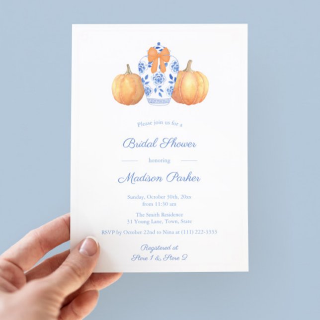 Elegant Pumpkin Ginger Burk Möhippa Party Inbjudningar (Elegant fall watercolor blue white ginger jar bridal shower invitation with orange pumpkins and bow)