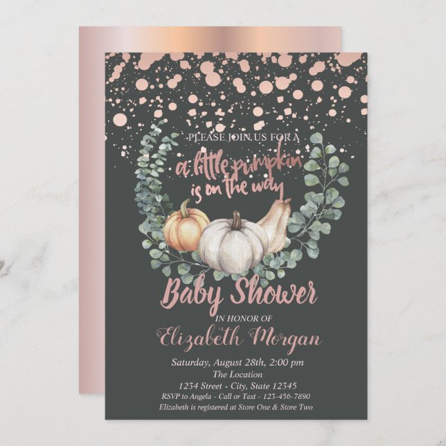 Elegant Pumpkin,Löv,Ro Guld Baby Shower Inbjudningar (Fram/baksida)