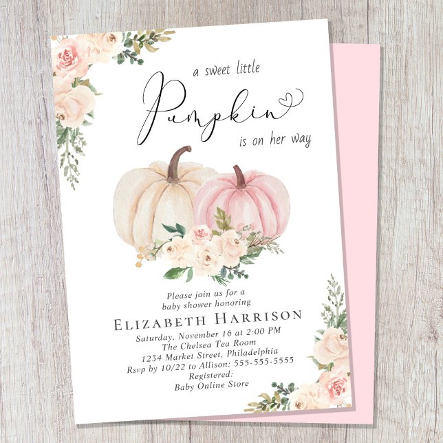 Elegant Pumpkin Rosa Blommigt Flicka Shower Inbjudningar (Celebrate the upcoming arrival of your sweet little autumn baby with a pumpkin-themed baby shower)