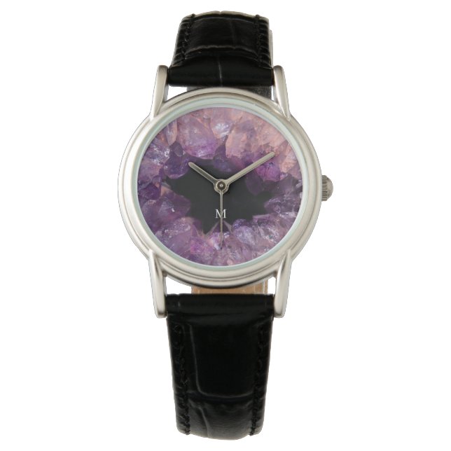 Elegant purple amethyst mineral pattern monogram armbandsur (Framsida)