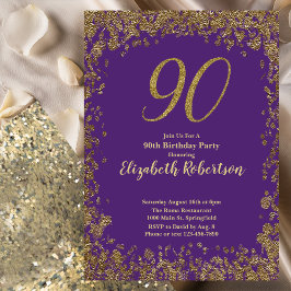 Elegant Purple and Gold 90th Birthday Inbjudningar