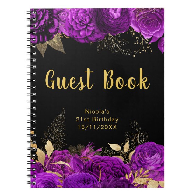 Elegant Purple and Gold Flower Birthday Guest Book Anteckningsbok (Framsidan)