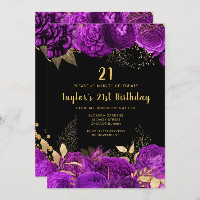 Elegant Purple and Gold Flowers Birthday Party Inbjudningar (Fram/baksida)