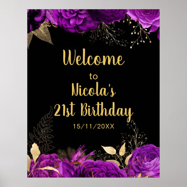 Elegant Purple and Gold Flowers Birthday Party  Poster (Framsidan)