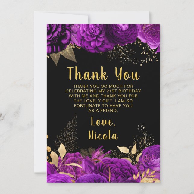 Elegant Purple and Gold Flowers Birthday Party Tack Kort (Framsida)