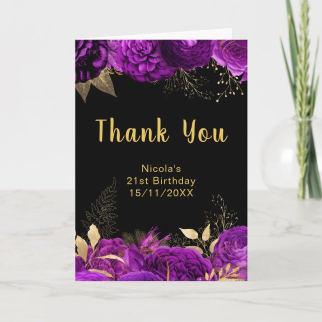 Elegant Purple and Gold Flowers Birthday Party Tack Kort (Framsida)