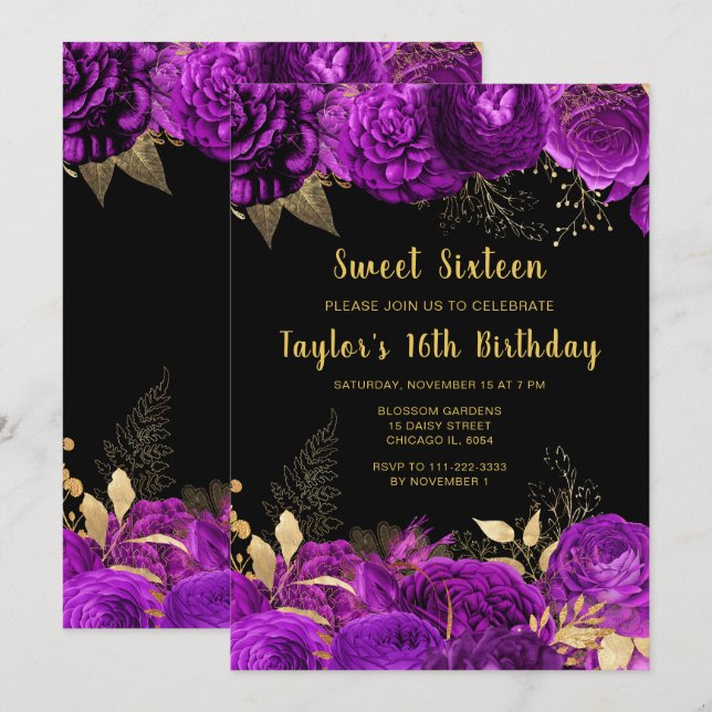 Elegant Purple and Gold Flowers Sweet Sixteen Inbjudningar (Fram/baksida)