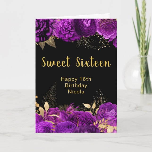 Elegant Purple and Gold Flowers Sweet Sixteen Kort (Framsida)