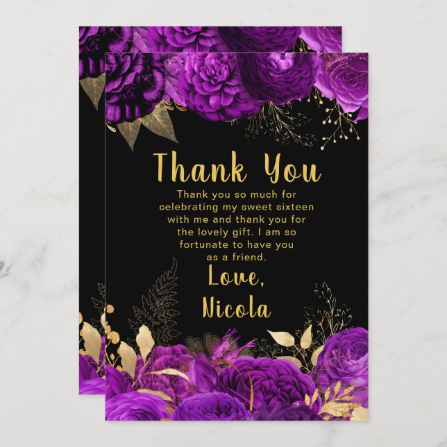 Elegant Purple and Gold Flowers Sweet Sixteen Tack Kort (Fram/baksida)