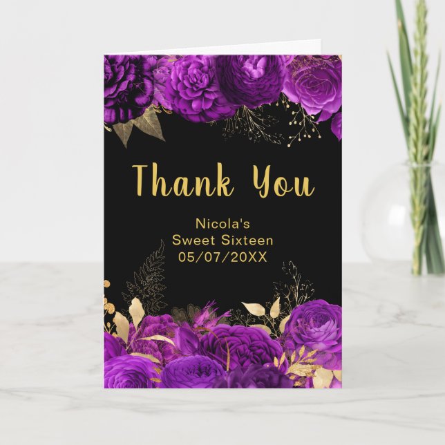 Elegant Purple and Gold Flowers Sweet Sixteen Tack Kort (Framsida)