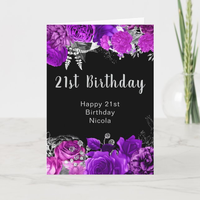 Elegant Purple and Silver Flowers Birthday  Kort (Framsida)