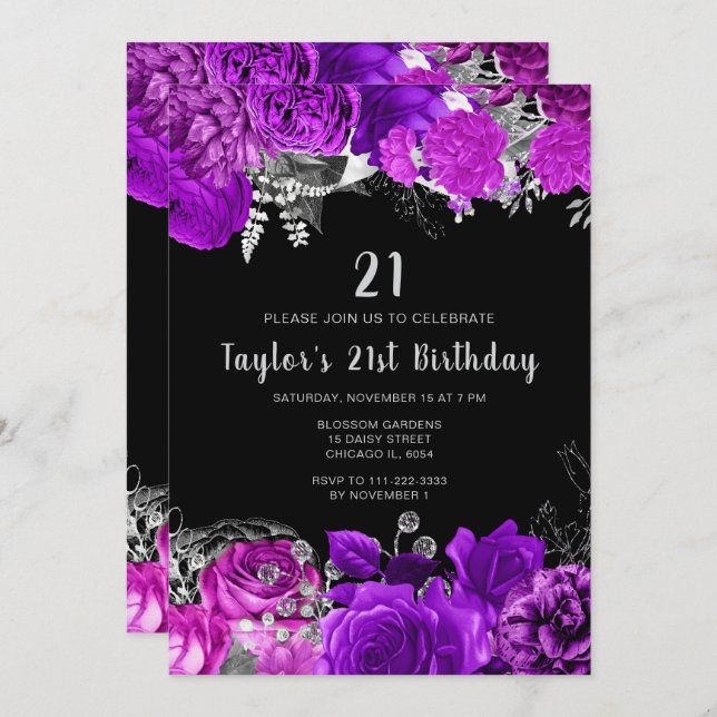 Elegant Purple and Silver Flowers Birthday Party Inbjudningar (Fram/baksida)