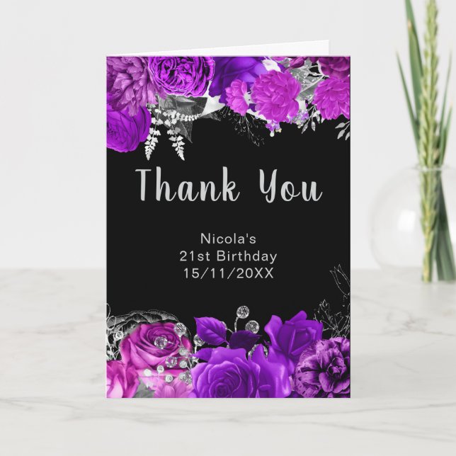 Elegant Purple and Silver Flowers Birthday Party  Tack Kort (Framsida)