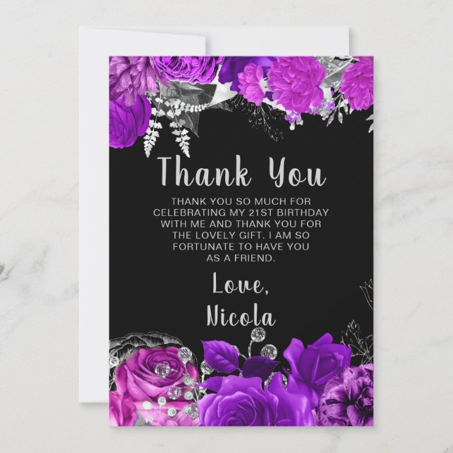 Elegant Purple and Silver Flowers Birthday Party  Tack Kort (Framsida)
