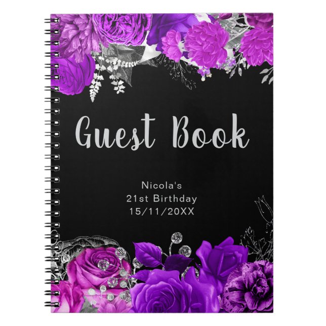 Elegant Purple and Silver Flowers Guest Book Anteckningsbok (Framsidan)