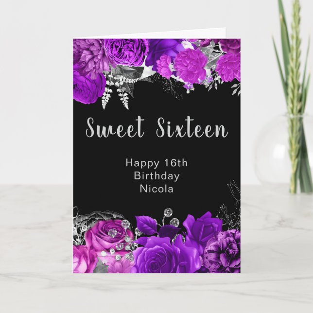 Elegant Purple and Silver Flowers Sweet Sixteen  Kort (Framsida)