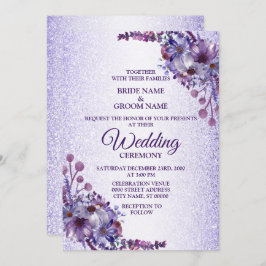 Elegant Purple Blue Pink Floral Glitter Wedding Inbjudningar
