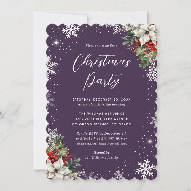 Elegant Purple Botanical Snowflake Christmas Party Inbjudningar (Framsida)