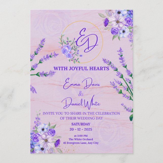 Elegant Purple Botanical Wedding Invitation Inbjudningar (Framsida)