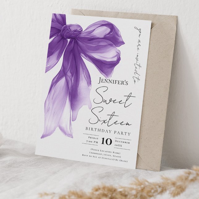 Elegant Purple Bow Coquette Script Sweet 16 Party  Inbjudningar (Elegant Purple Bow Coquette Script Sweet 16 Party Invitation)