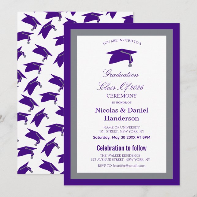 Elegant purple caps graduation ceremony invitation inbjudningar (Fram/baksida)