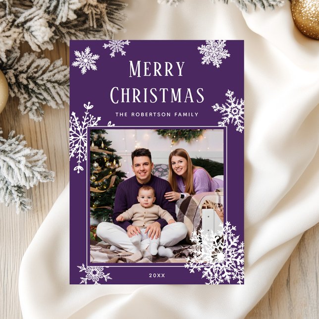 Elegant Purple Christmas Snowflakes Photo Julkort (Skapare uppladdad)