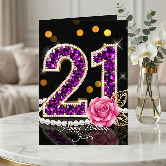 Elegant Purple Diamond Pearl Rose 21st Birthday Kort (Skapare uppladdad)
