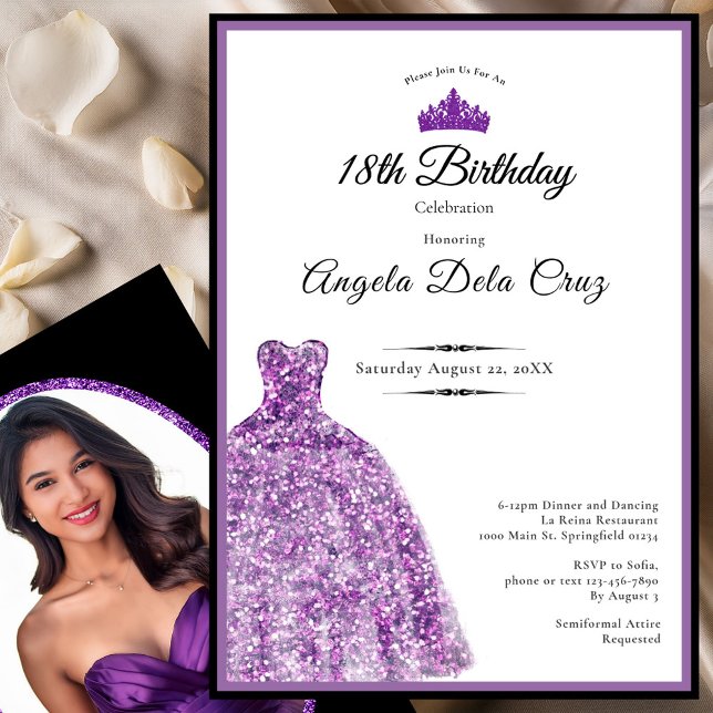Elegant purple dress 18th birthday debut inbjudningar (Skapare uppladdad)
