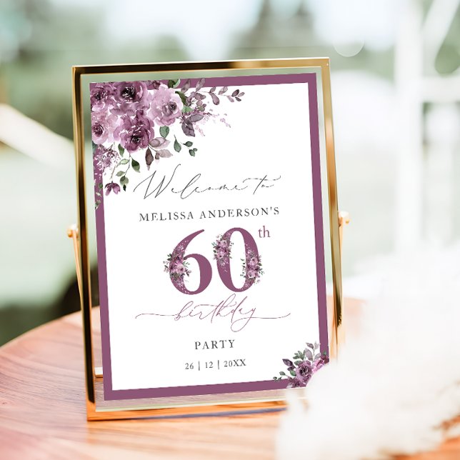Elegant Purple Floral 60th Birthday Welcome Poster (Skapare uppladdad)