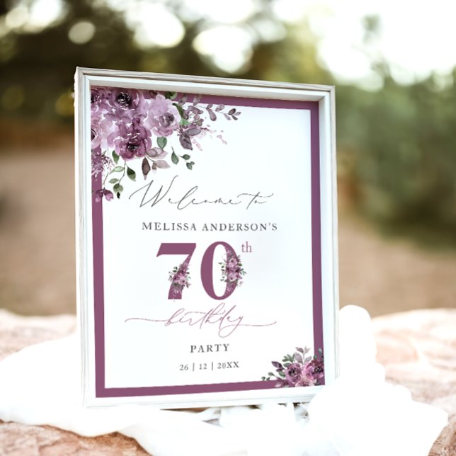 Elegant Purple Floral 70th Birthday Welcome Poster (Skapare uppladdad)