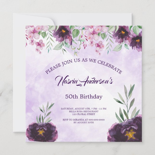 Elegant Purple Floral Birthday Invitation (Framsida)