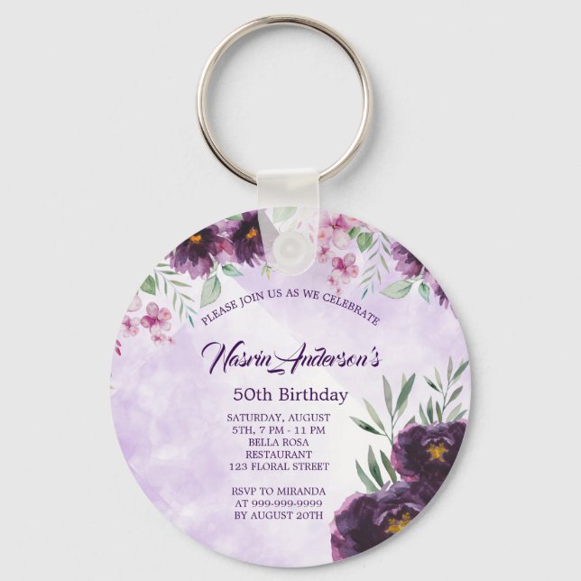 Elegant Purple Floral Birthday Invitation Nyckelring (Framsida)