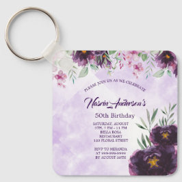 Elegant Purple Floral Birthday Invitation Nyckelring