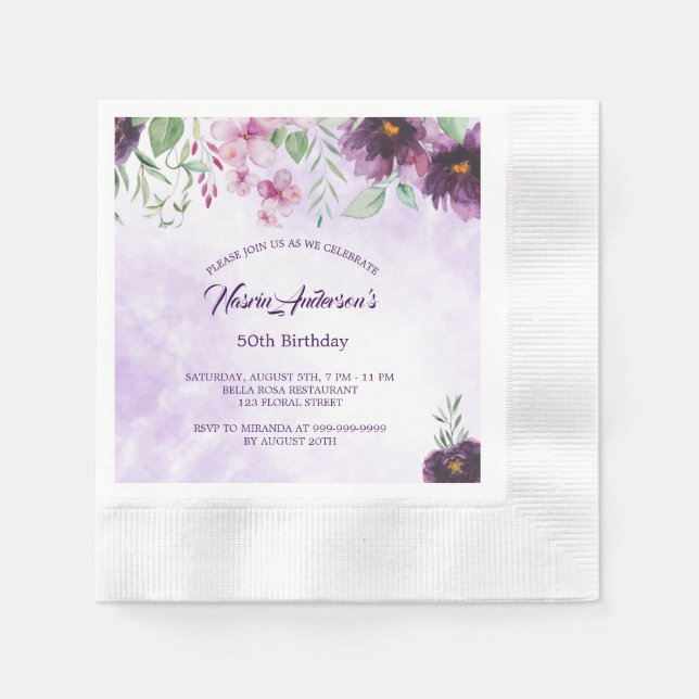 Elegant Purple Floral Birthday Invitation Pappersservett (Framsidan)