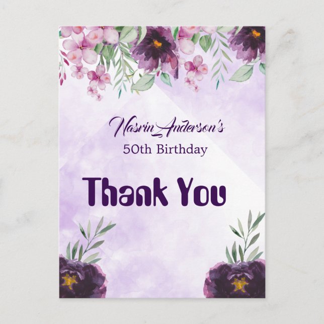 Elegant Purple Floral Birthday Invitation Vykort (Framsida)