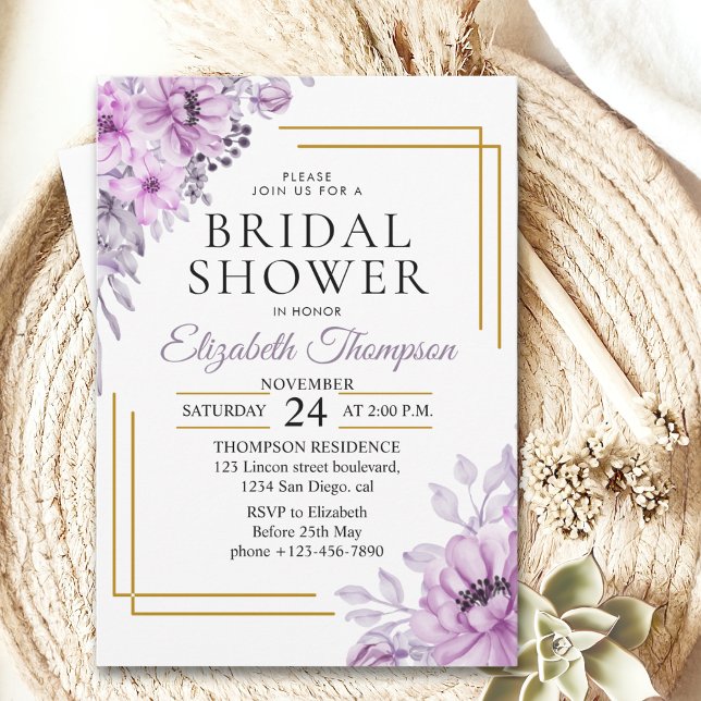 Elegant Purple Floral Bridal Shower Party Inbjudningar (Skapare uppladdad)