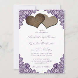 Elegant Purple Floral Lace Burlap Hearts Wedding Inbjudningar