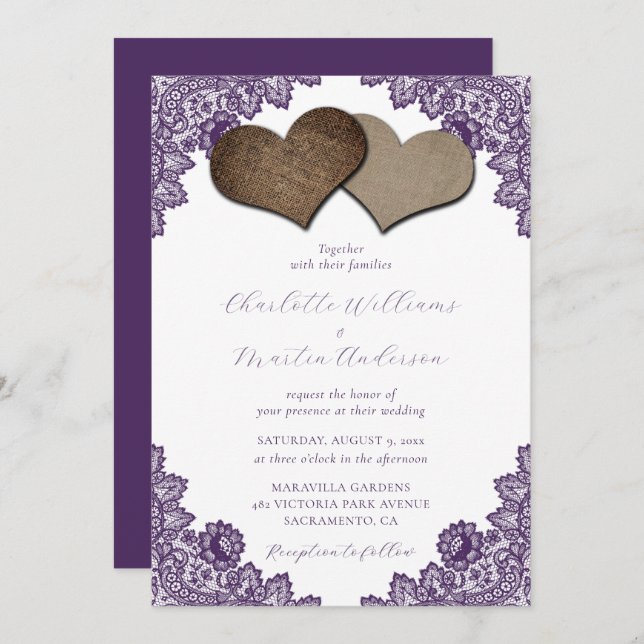 Elegant Purple Floral Lace Burlap Hearts Wedding Inbjudningar (Fram/baksida)