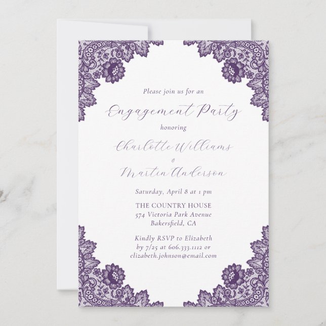 Elegant Purple Floral Lace Rustic Engagement Party Inbjudningar (Framsida)
